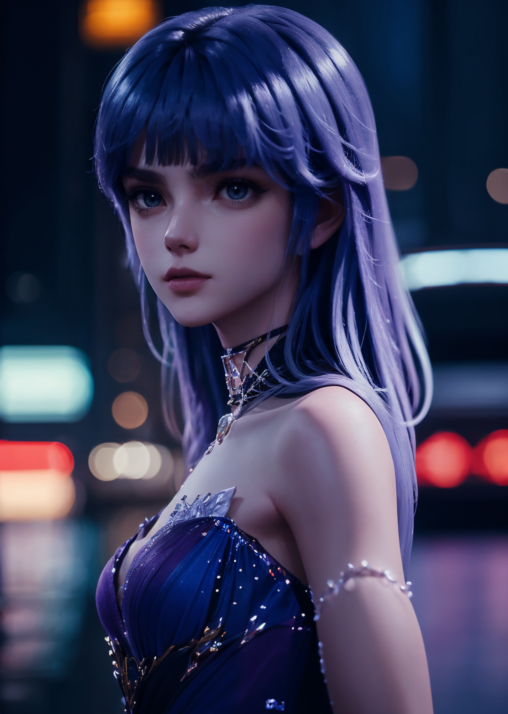 1732215911715-676376518-1girl,solo,purple medium hair,purple eyes,makeup,lipstick,closed mouth,choker,dress,looking at viewer,outdoors,road,rain,neon tr.png